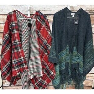 Avenue One Size Shawls Ponchos Womens New With Tags Red Plaid And Blue Green